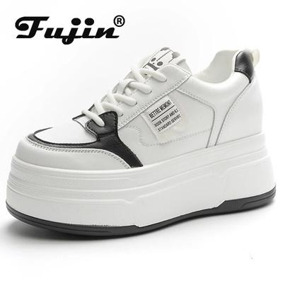 Fujin 9 см, 2023, удобные дышащие повседневные кроссовки из натуральной кожи на массивном каблуке, белые туфли на танкетке, туфли-лодочки на платформе и каблуке, женская обувь
