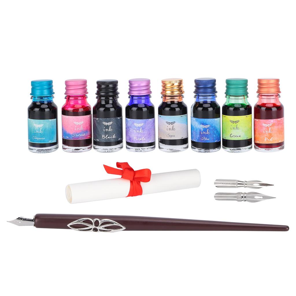 Dip Pen 8-Color Ink Wooden Pole Calligraphy Fountain Pen Gift Box Set with Replaceable Nib