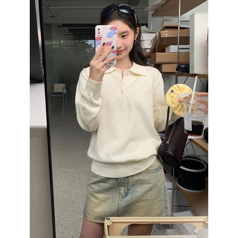 College Style Gray Polo Neck Sweater Women's Spring and Autumn New Loose and Thin Versatile Long-sleeved Knitted Sweater Top