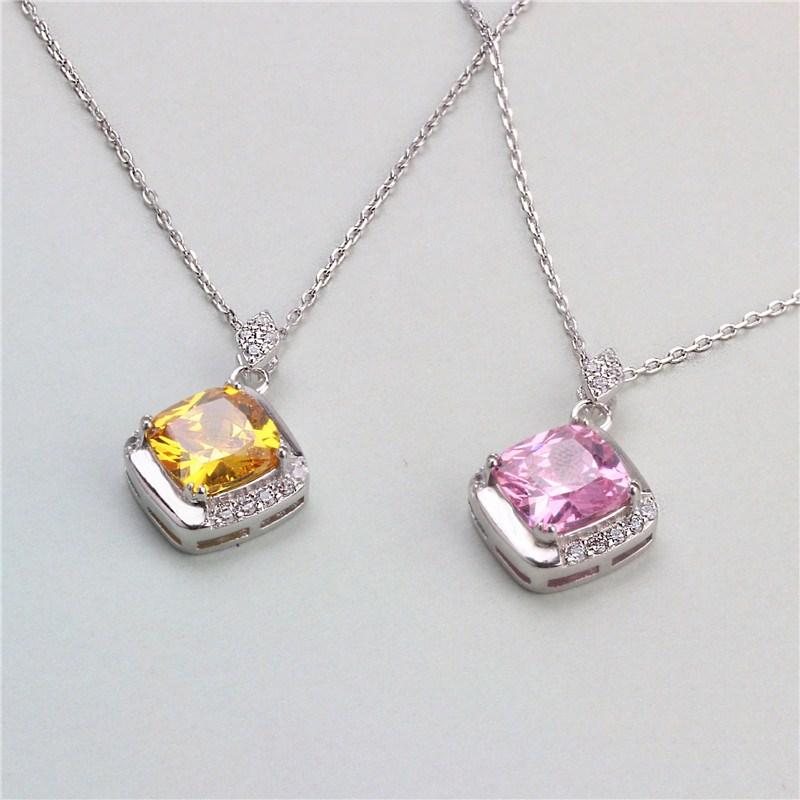 CC Necklaces Pendants For Women Sterling Zirconia Square Pink/Yellow Stone Fashion Jewelry No Chain CCN257
