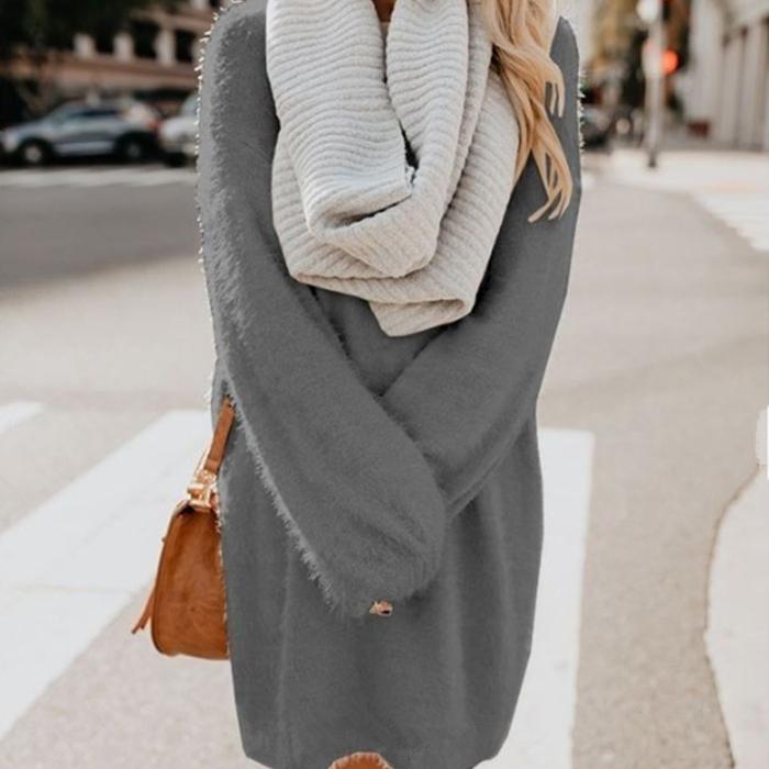 Женский зимний свитер вязать с круглым вырезом Теплый повседневный свитер с длинным рукавом Платье