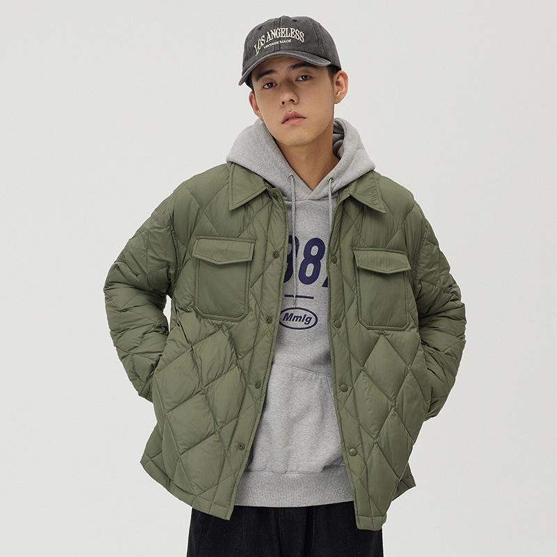 Зимняя легкая куртка-пуховик с классическими лацканами, зимняя одежда, мужская зеленая куртка с открытыми плечами, стеганая ромбовидной формы для мужчин и женщин