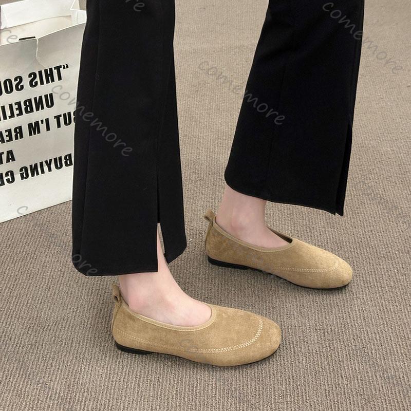 Comemore Women Flats Casual Retro Round Head Loafers Shoes Women Solid Suede Slip On Ladies Single Shoes Soft-soled Mocasines