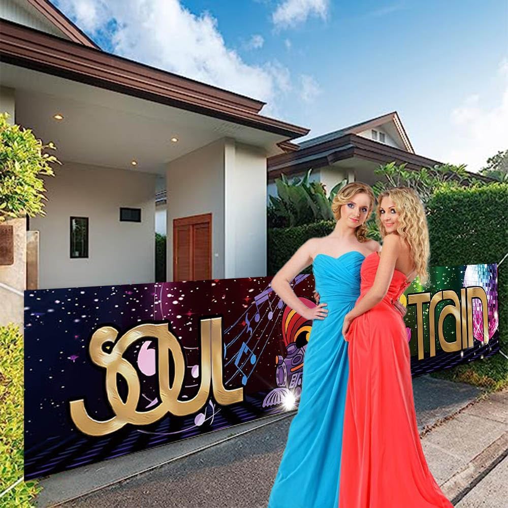 118 x 20 Inches 70s 80s Train Theme Yard Door Banner Sign Disco Party Decoration Banner Neon Light Flash Newborn Baby Show Birthday Party Cake Table