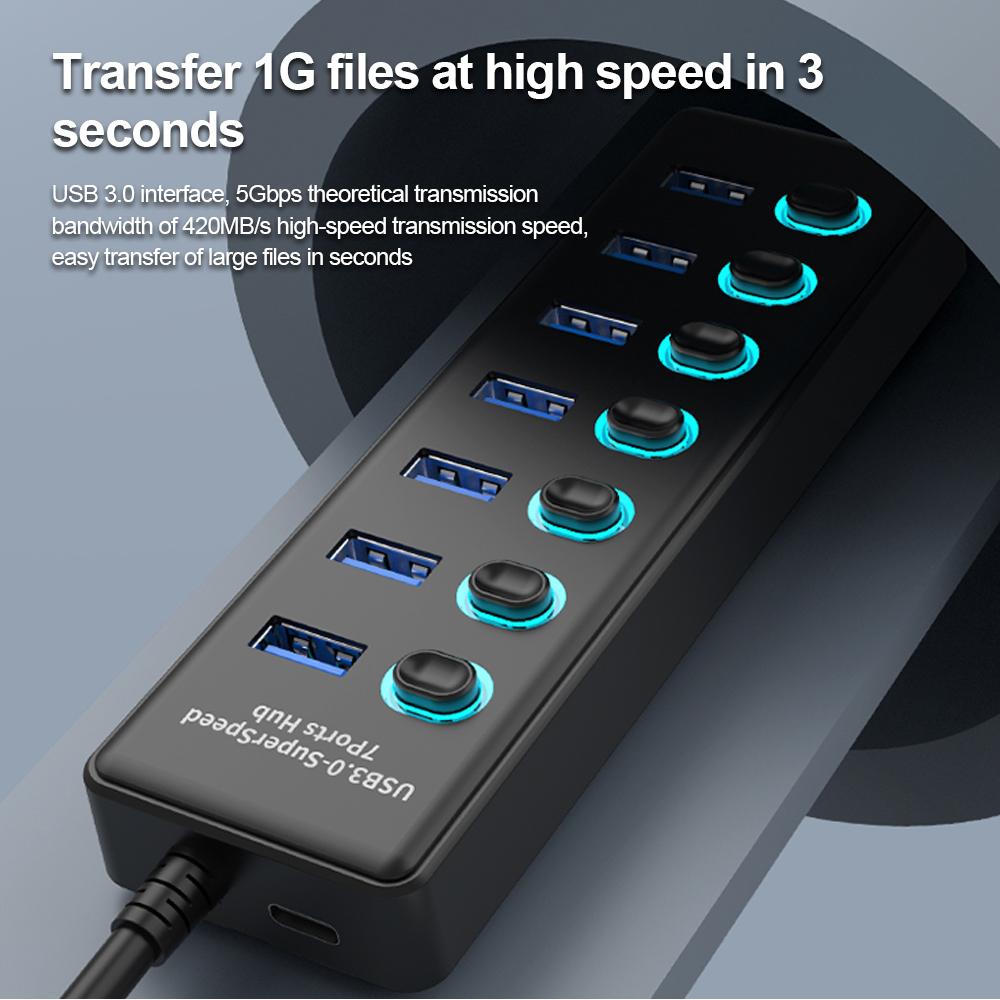 KEBIDUMEI USB-хаб на 7 портов USB 3.0, разветвитель 5 Гбит/с с индивидуальными переключателями, адаптер питания для ноутбука, расширитель USB-портов, USB-C док-станция