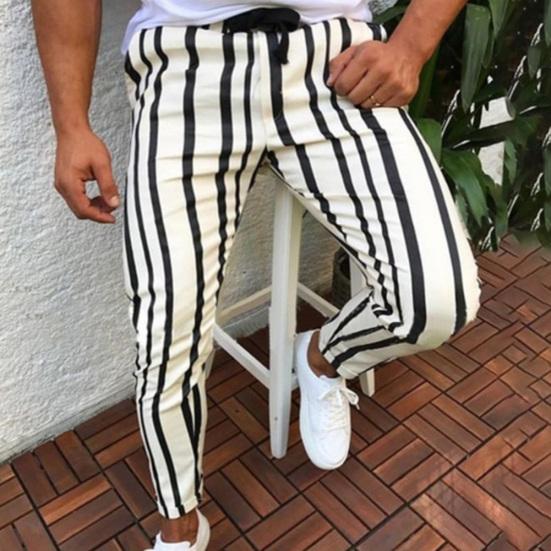 Повседневные мужские брюки с принтом в вертикальную полоску, эластичным поясом и карманами, длинные, облегающие