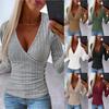 Women Autumn Solid Color Tops Deep V-neck Blouse Slim Fit Long Sleeved T-shirt