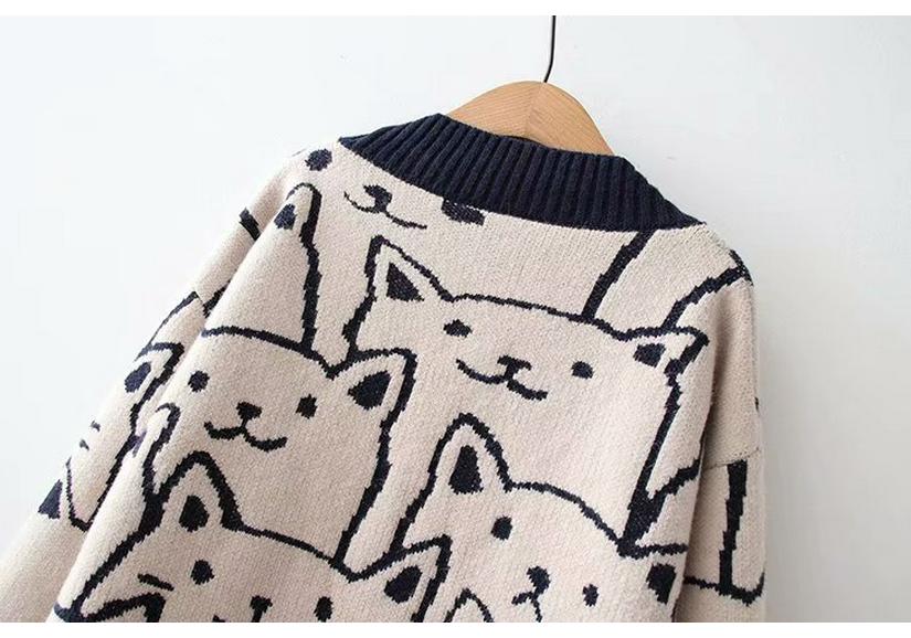 Women's Plus Size V-Neck Cat Jacquard Knit Cardigan - Preppy Autumn/Winter Cartoon Style