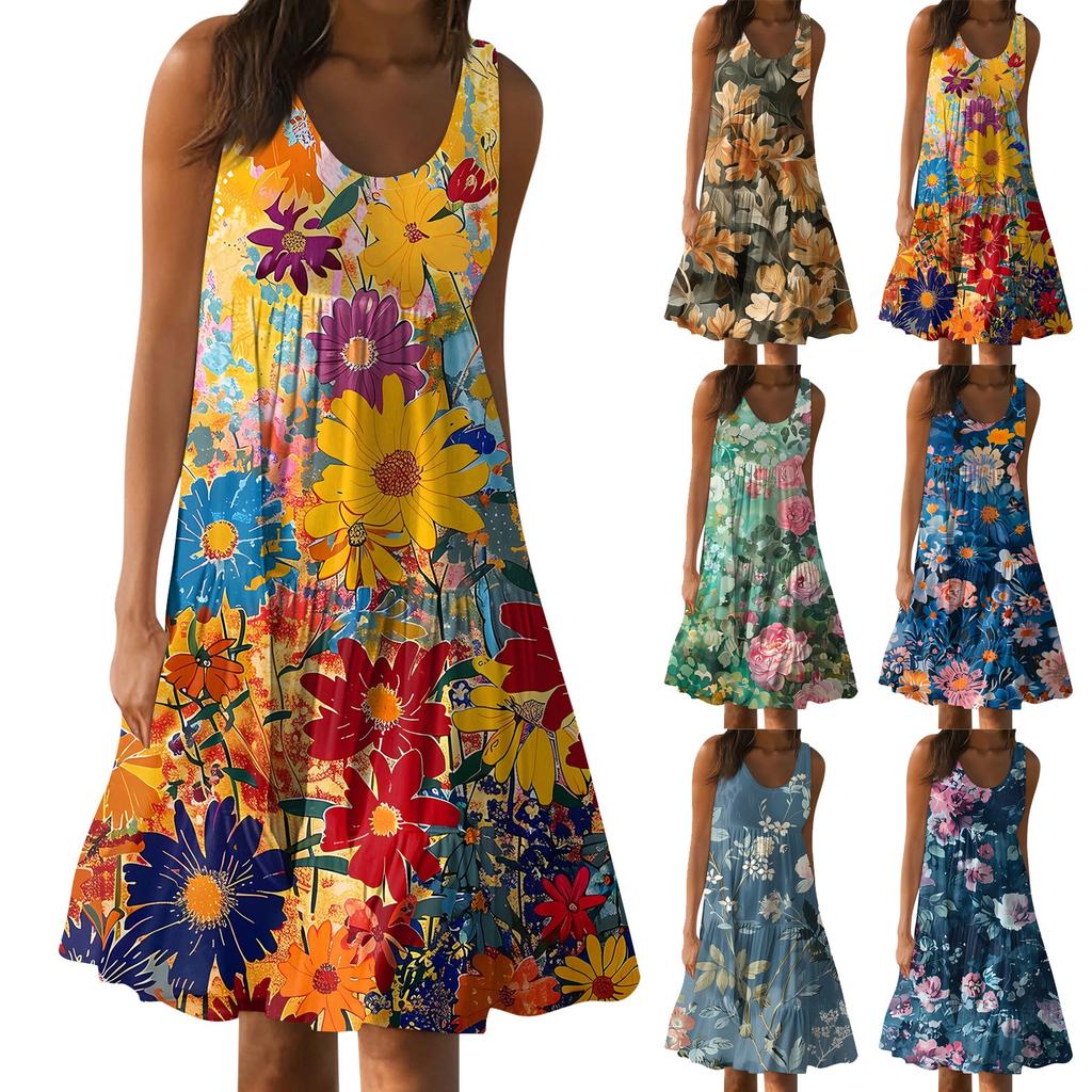 Hawaiian Dress For Women Summer Spring Pleated Bohemian Dresses Cute Sleeveless Flowing Beach Straight Tank Dresses Round Neck Dresses