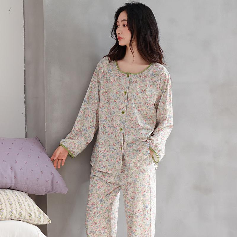 Pajamas women's spring and autumn pure cotton long-sleeved 1011 new middle-aged mother women's cotton large-size loungewear set