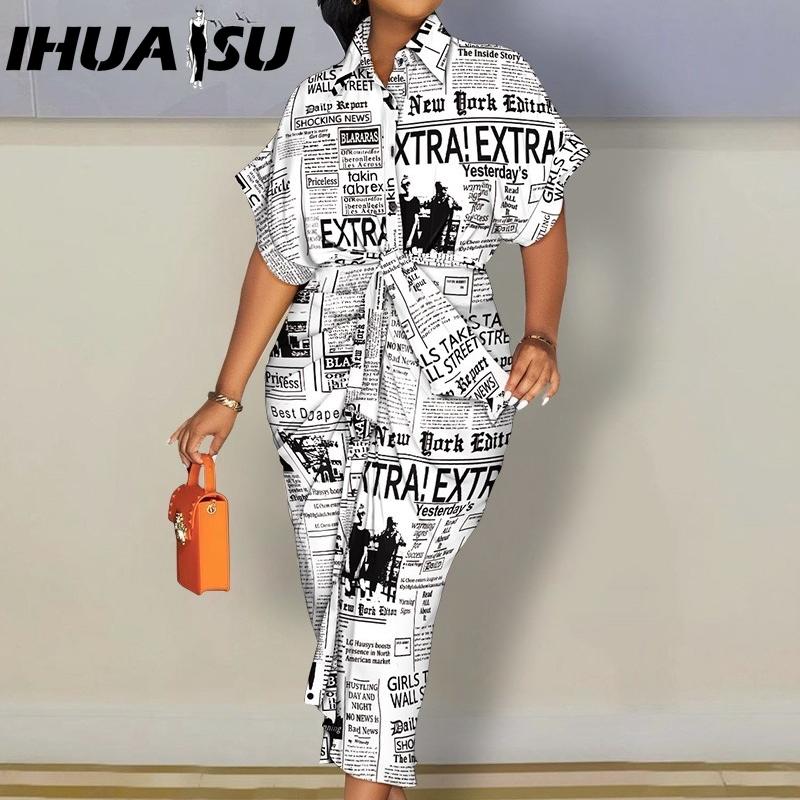 IHUASU Autumn Long Sleeve V-neck Button-up Print Shirt Dress Long Skirt Women