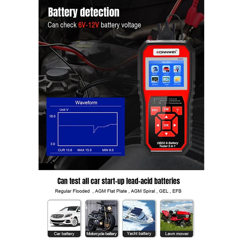 KONNWEI KW870 6 В 12 В автомобильный мотоцикл аккумуляторный тестер OBD2 диагностический инструмент сканер 2 в 1 тестовые инструменты для зарядки и проворачивания автомобиля