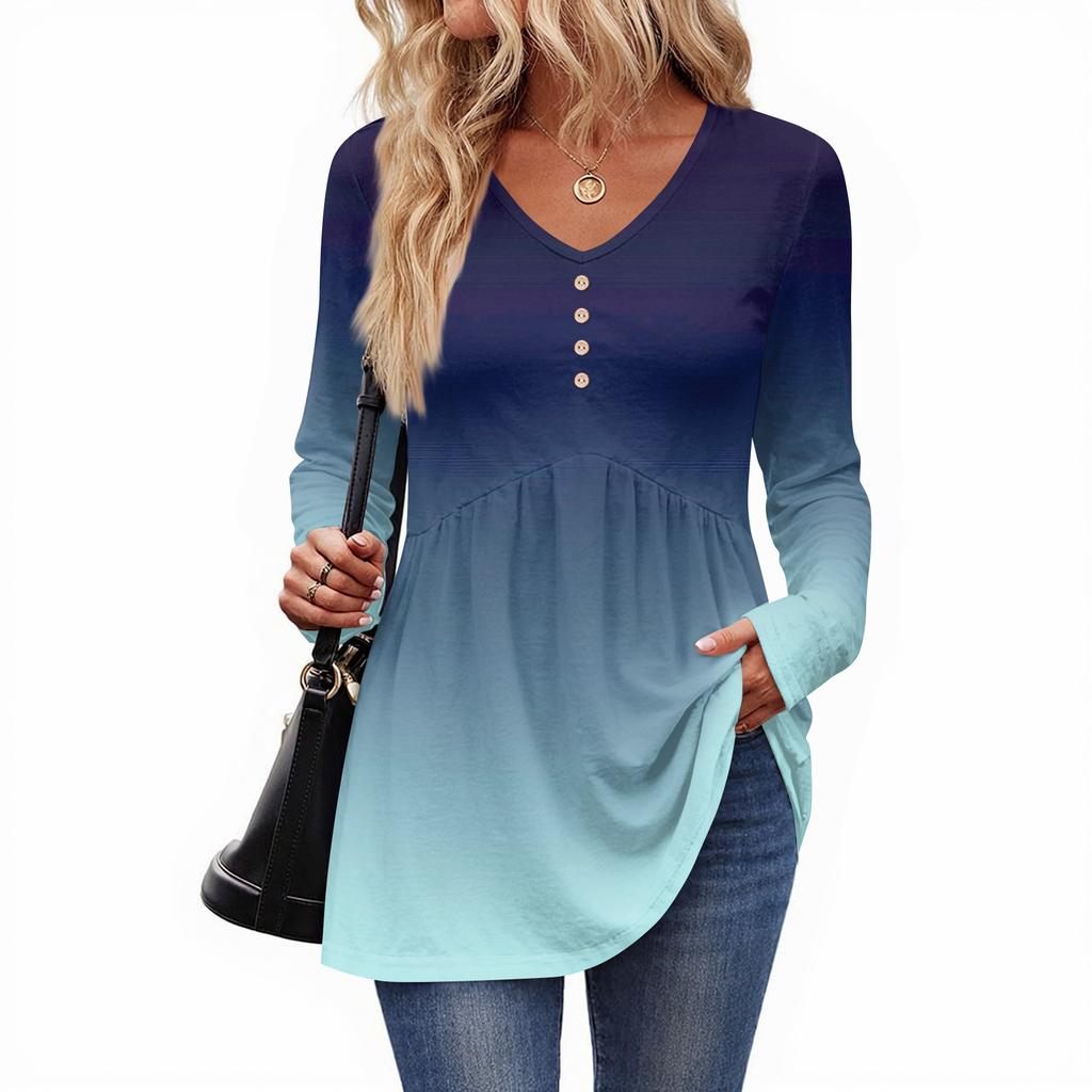 Women's Casual Fashion V-Neck Button Gradient Long Sleeve Top