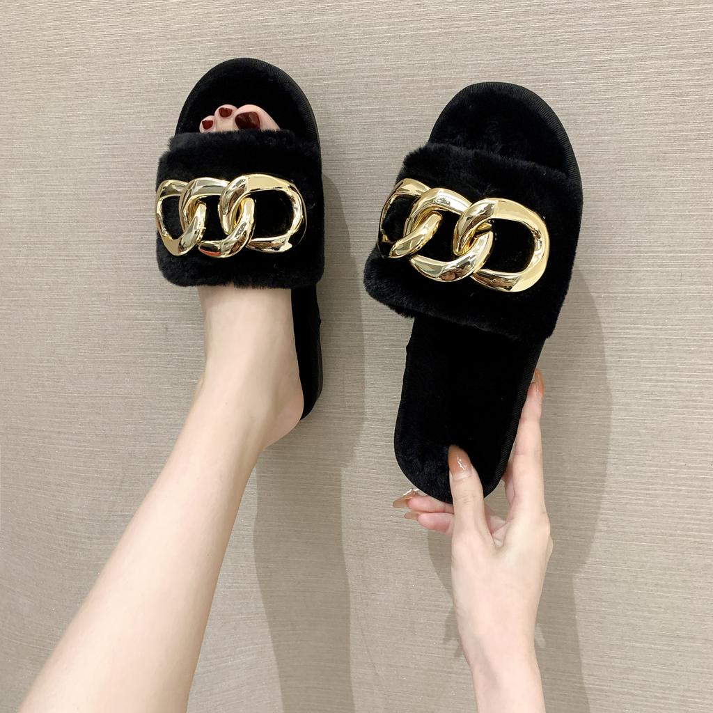 Fashion 2024 Winter New Women's Home Solid Color Metal Decoration Fluffy Furry Cotton Slippers