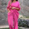 2Pcs/Set Women Casual Outfit O-neck 3/4 Sleeve Mid-length Tops Elastic Waist Wide Leg Long Pants Set Solid Color Loungewear