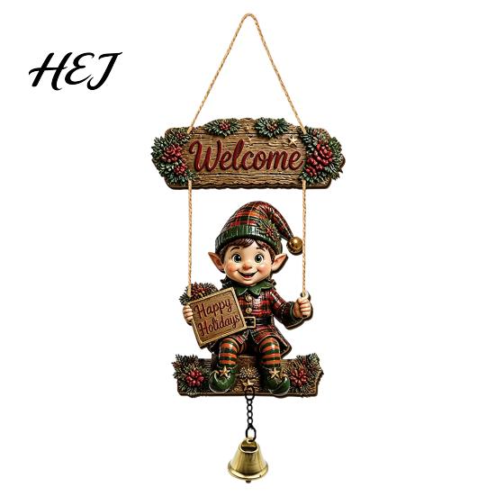 Wooden Gnome Door Decor Hanger with Bell, Country Garden Welcome Sign Farmhouse Style Swing Wall Plaque, Hanging Ornament for Porch Yard Outdoor Wood