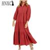 HNXC Женская мода весна осень сплошной цвет печати с длинным рукавом ПОЛО шеи Высокая талия повседневные платья