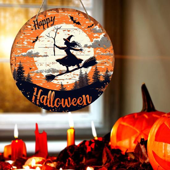 Halloween Sign for Front Door Halloween Wreath Wooden Hanging Sign Boo Ghost Pumpkin Witch Welcome Sign for Window Wall Decor