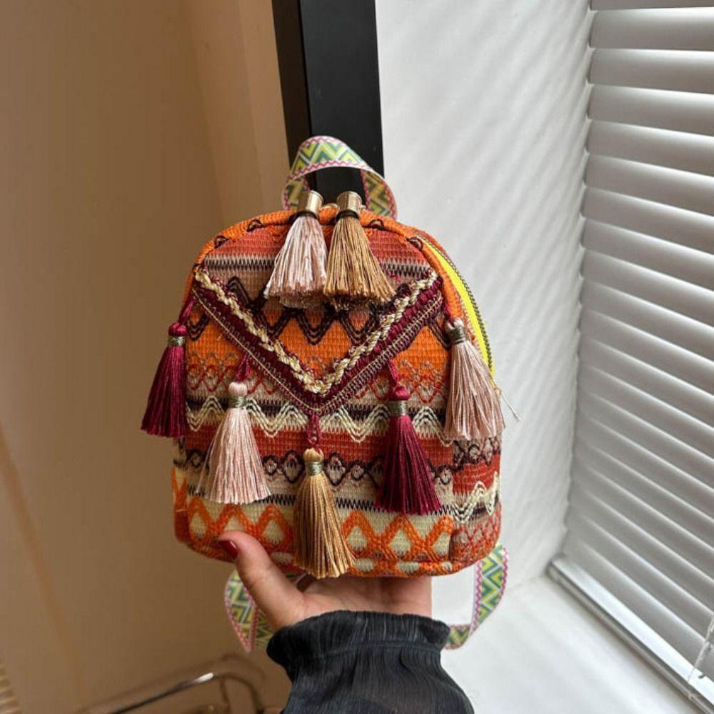 Stripe Ethnic Style Tassel Backpack Small School Bag Chinese Style Handbag Outdoor