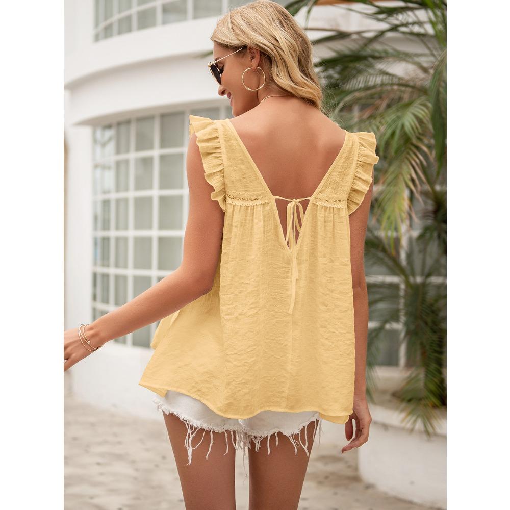 Women's Sleeveless Flutter Sleeve Lotus Collar Top, T-Shirt, Sweet Babydoll Blouse