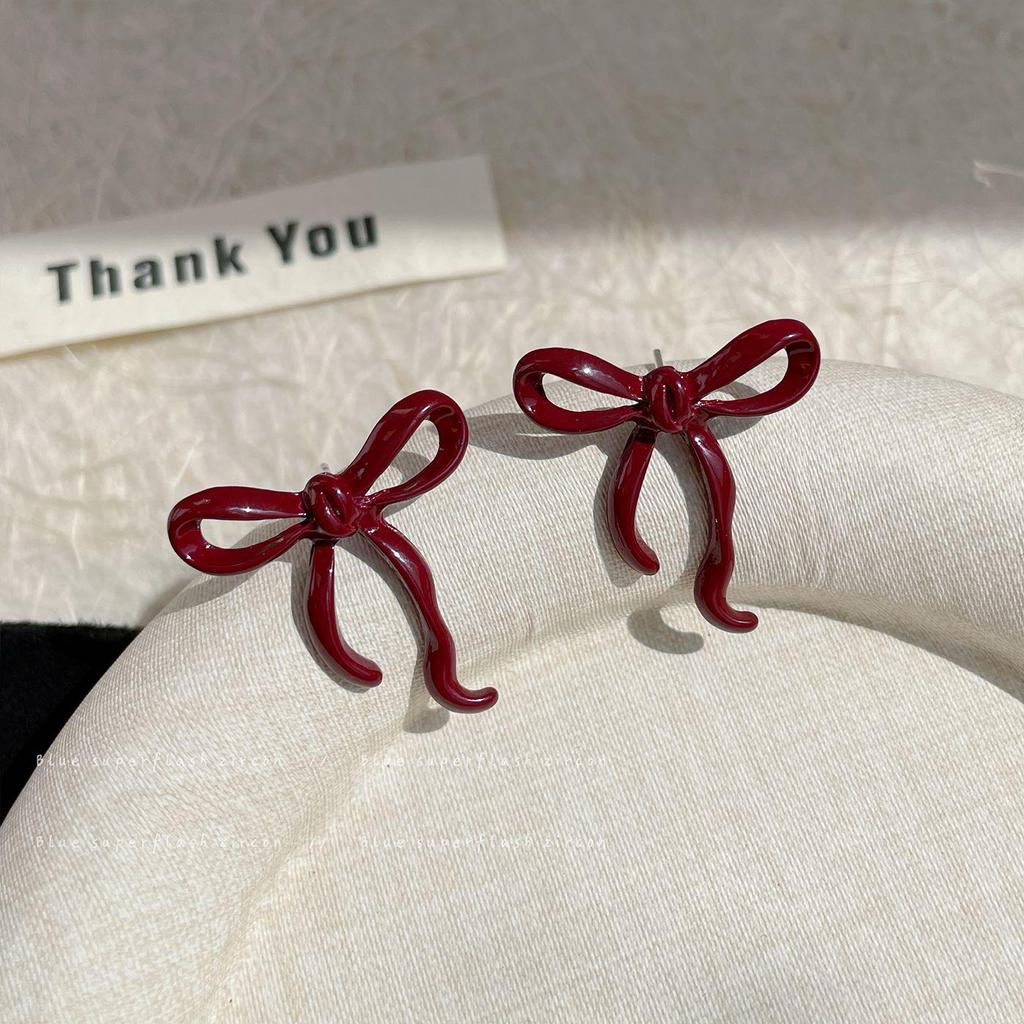 Ретро красные серьги-бантики для женщин - Дизайн высокого класса с серебряной иглой, Белый и милый осенне-зимний стиль