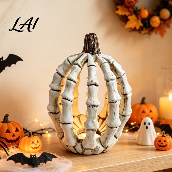 Creepy Holiday Ornaments Halloween Skull Pumpkin Figurine Realistic Resin Skeleton Statue Decorations Spooky Horror Scene Props Desktop for Haunted