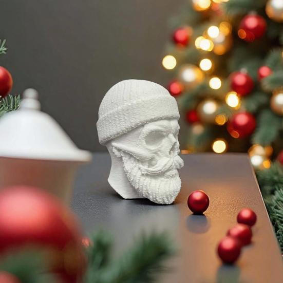 3D Printed Santa Claus Skull Figurine, Novelty Skeleton Head Statue, Collectible Christmas Ornament for Halloween Home Party Decor
