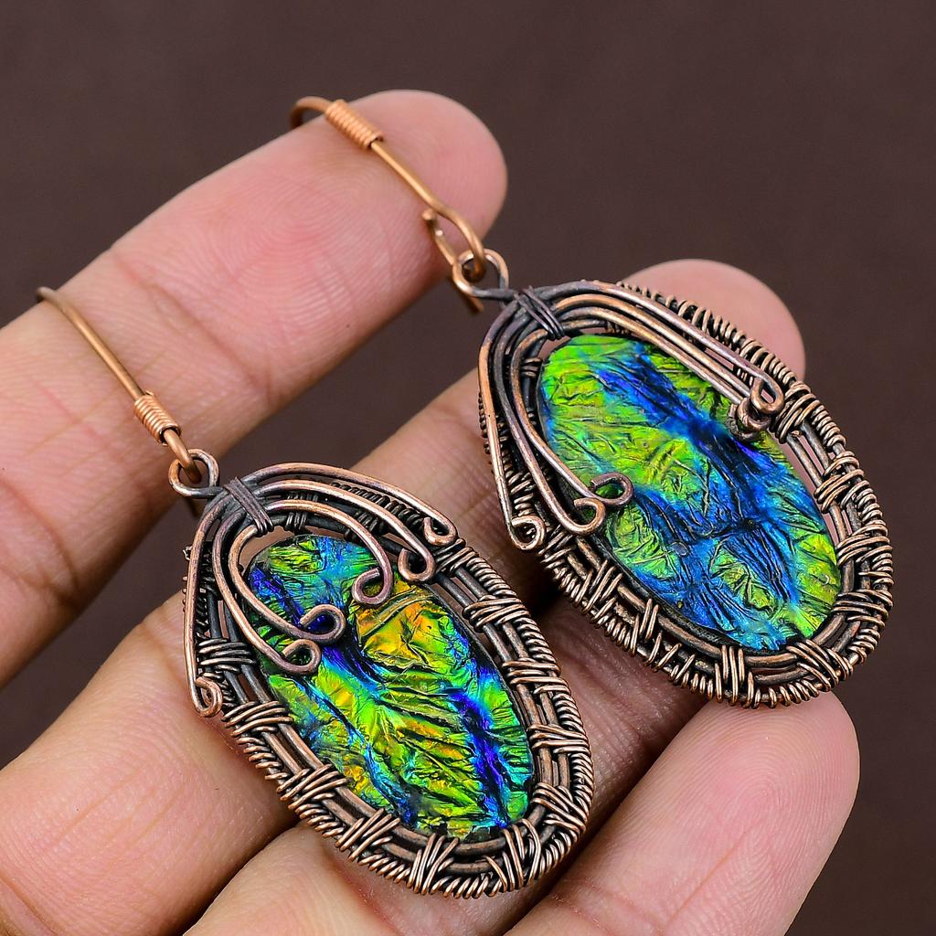 Natural Abalone Shell Gemstone Handmade Copper Wire Wrap Earring 2.64 k0U75