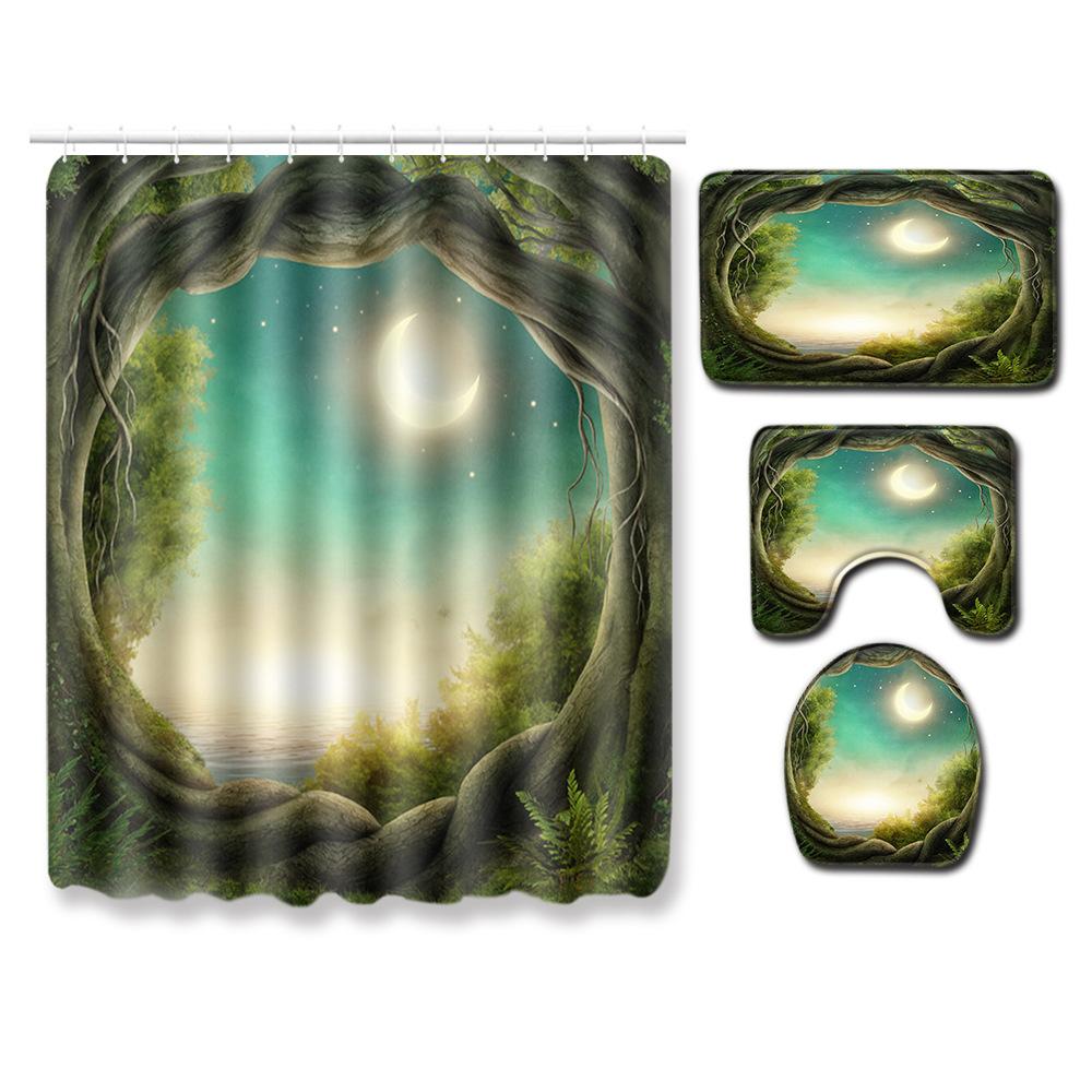 Healing Tree Hole Bathroom Shower Curtain Floor Mat Toilet Cover Foot Mat Four-Piece Set
