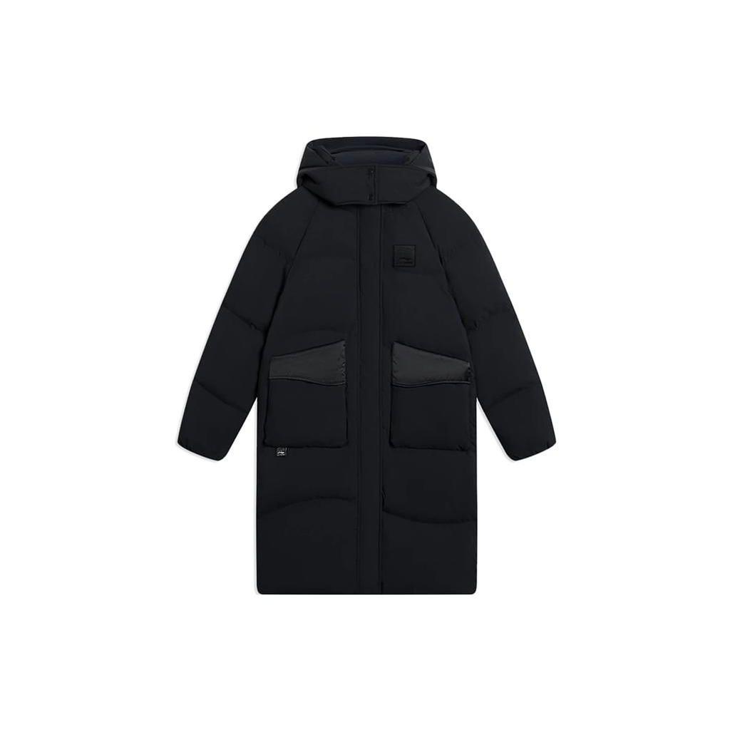 Li Ning Sports Trend Series однотонный логотип вышитый скрытый молния капюшон длинный пуховик женская верхняя одежда черный AYMS074-3