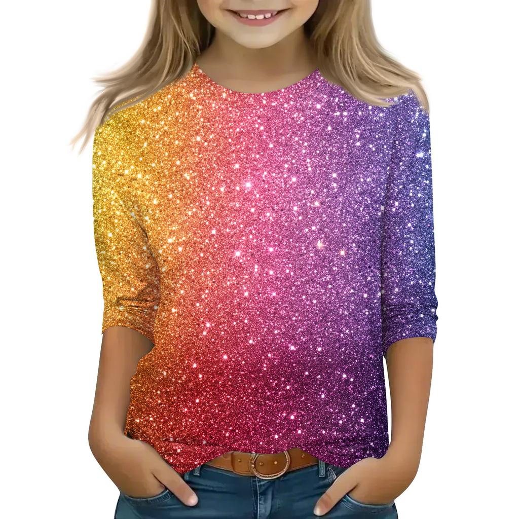 Топы с принтом для девочек 5-16 лет с круглым вырезом и рукавами 3/4 Футболки Модные топы Наряды Футболки