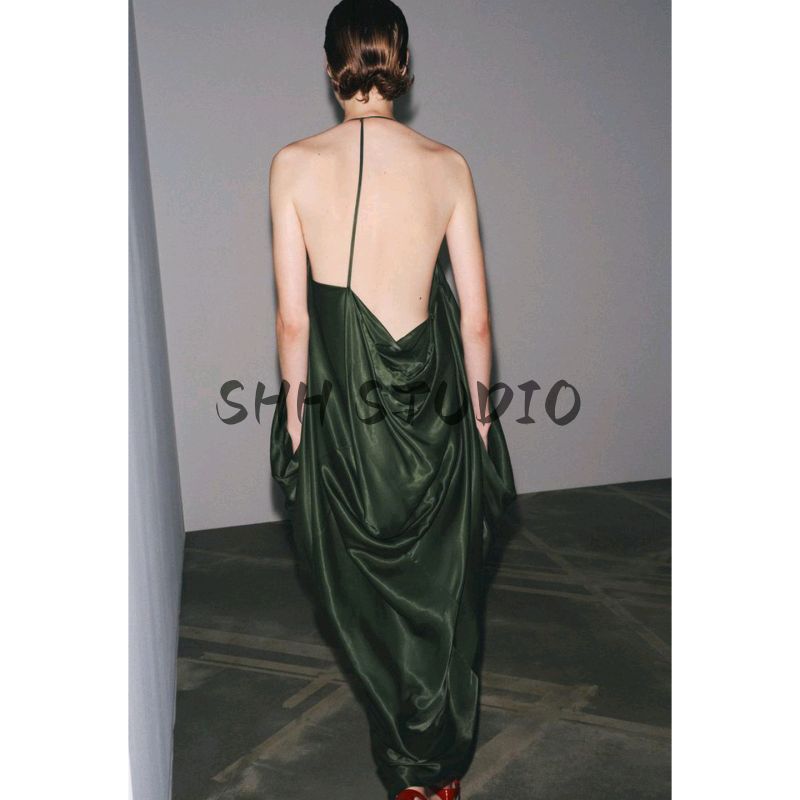 Summer New Product Women's Clothes Sexy Open Back Halter Spaghetti Straps Asymmetric Silk Satin Texture Dress 8073126