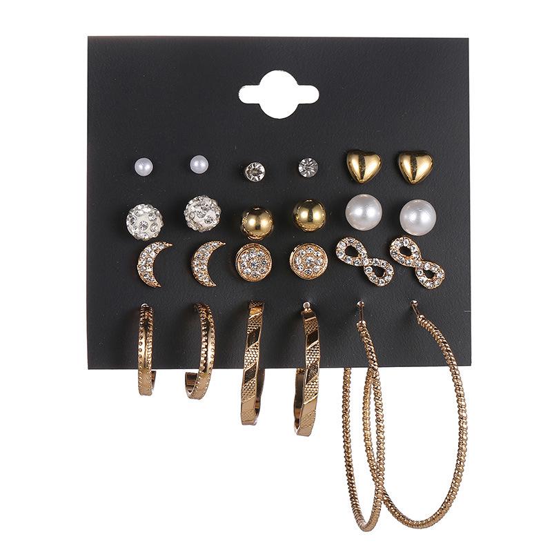 Best-selling large earrings and moon stars in Europe and America, 11-pair multi-pair one-card combination stud earrings for women, diamond-inlaid