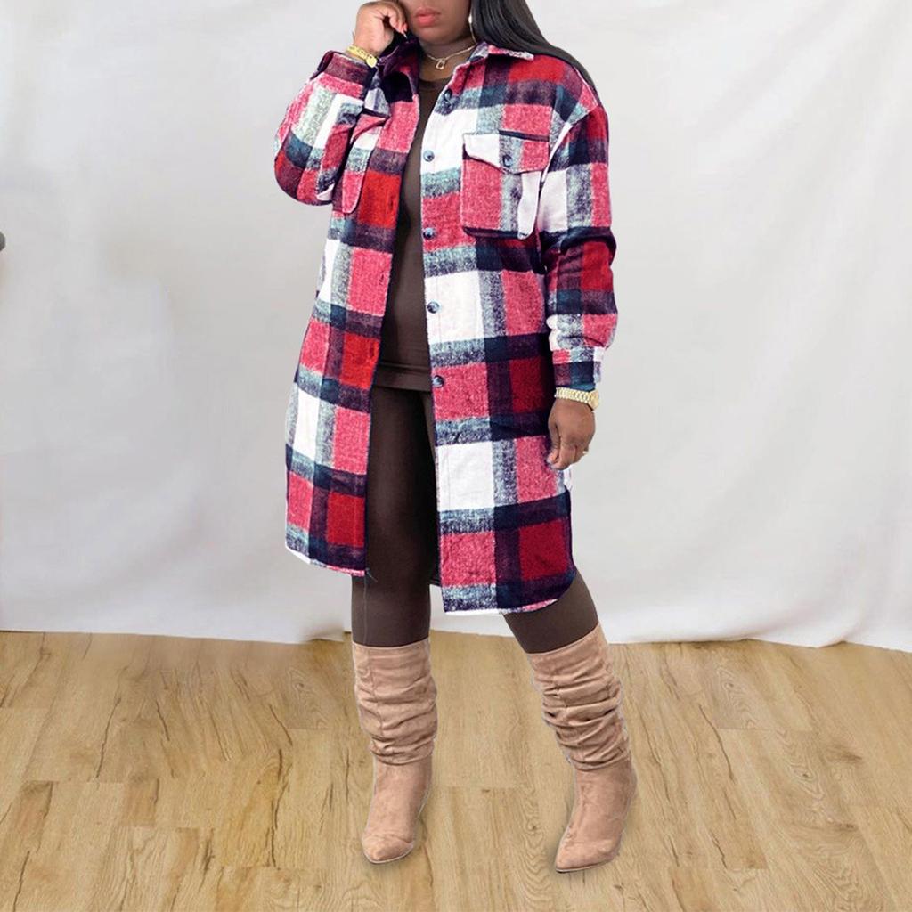 Женская мода клетчатая рубашка с лацканами клетчатое твидовое пальто с длинным рукавом