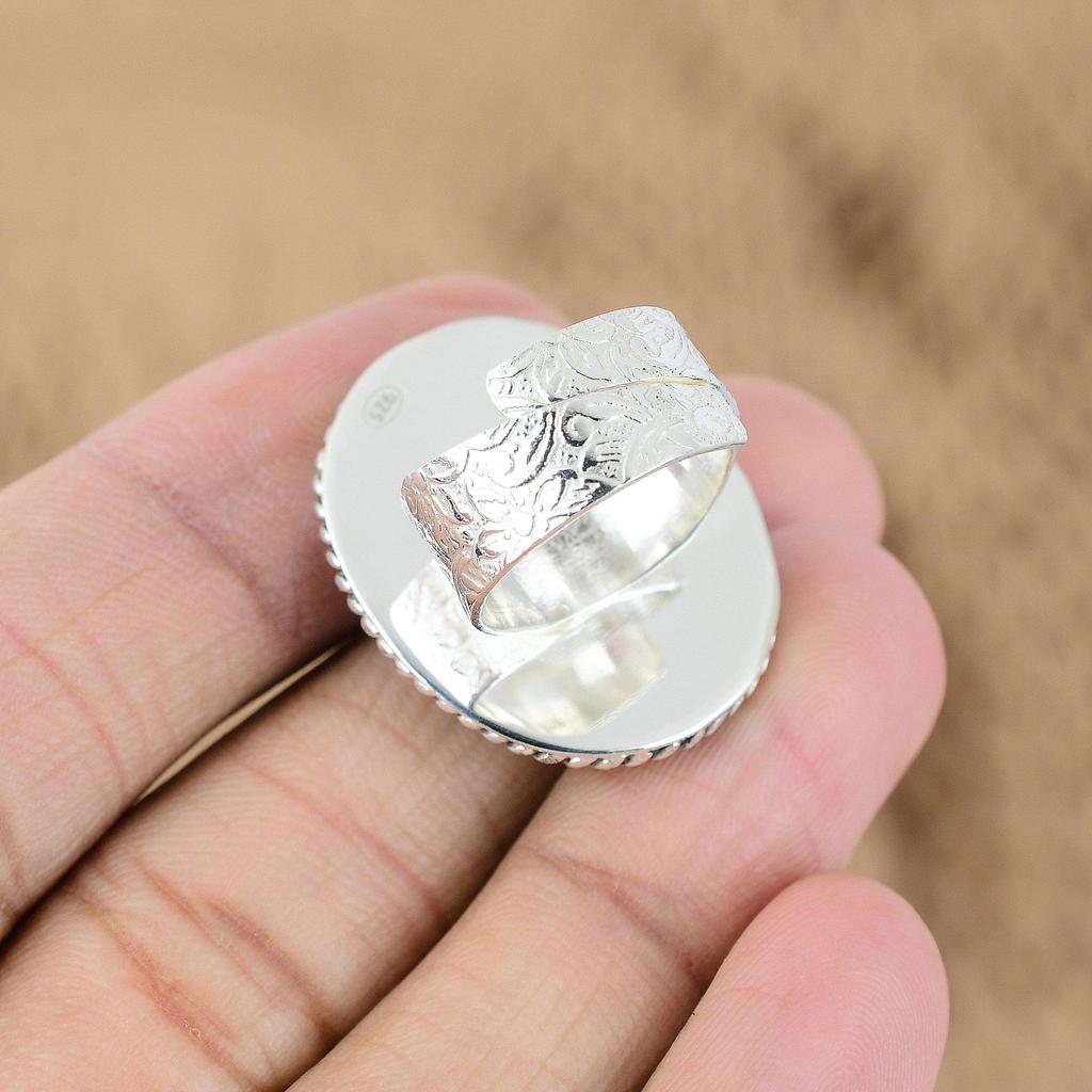 Round Rainbow Moonstone Stone Sterling Silver Statement Promise Handcrafted Ring