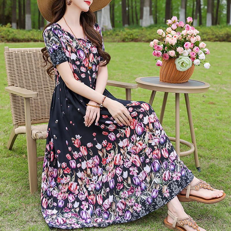 Повседневное женское платье летняя винтажная одежда свободные короткие рукава большие размеры элегантные длинные платья