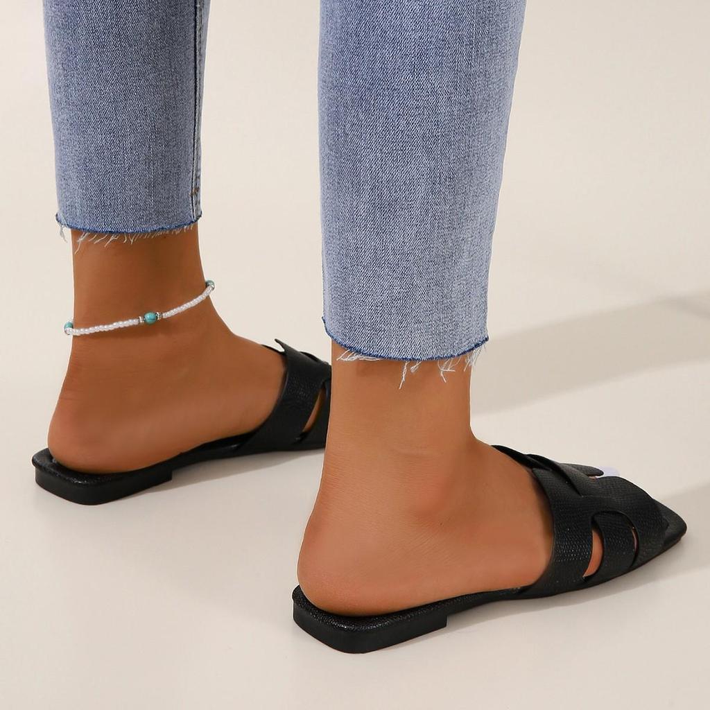 Women's Solid Color Square Head Slip-On Slippers - Breathable, Flat Design for Home, European & American Style