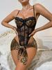 Леопардовый боди женское платье Темный романс Леопардовая вставка Ажурный комплект из 2 предметов Сексуальный халтер Металлические люверсы Стринги Клубная одежда для девушек