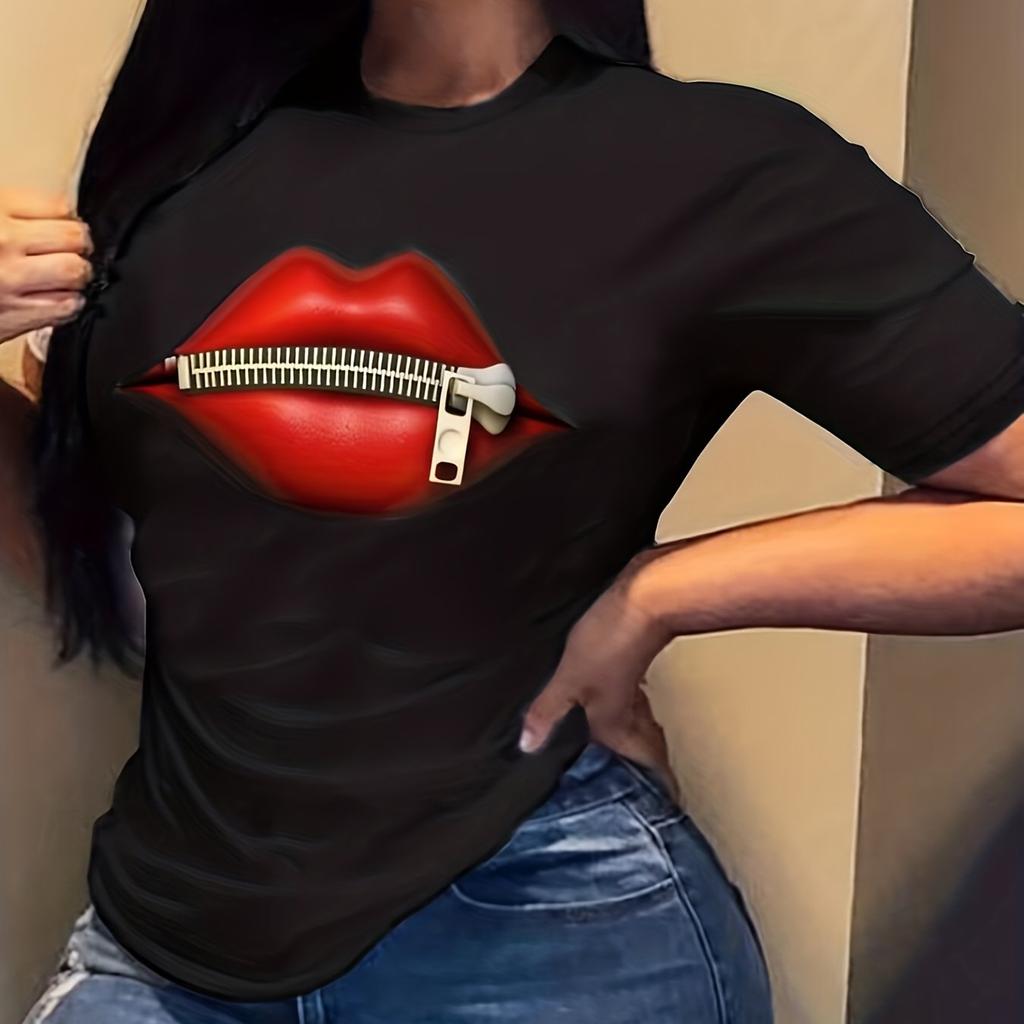 Футболка с принтом «губы» из хлопка, футболка с круглым вырезом и коротким рукавом, повседневные топы на каждый день, женская одежда
