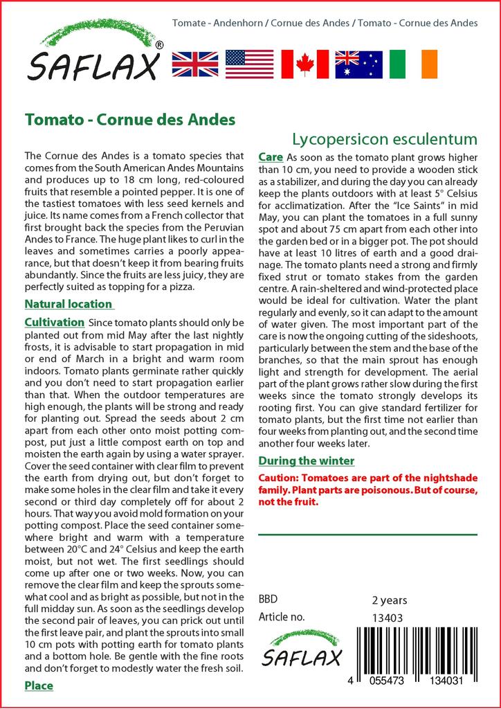 SAFLAX Помидор - Cornue des Andes - 10 семян - Lycopersicon esculentum