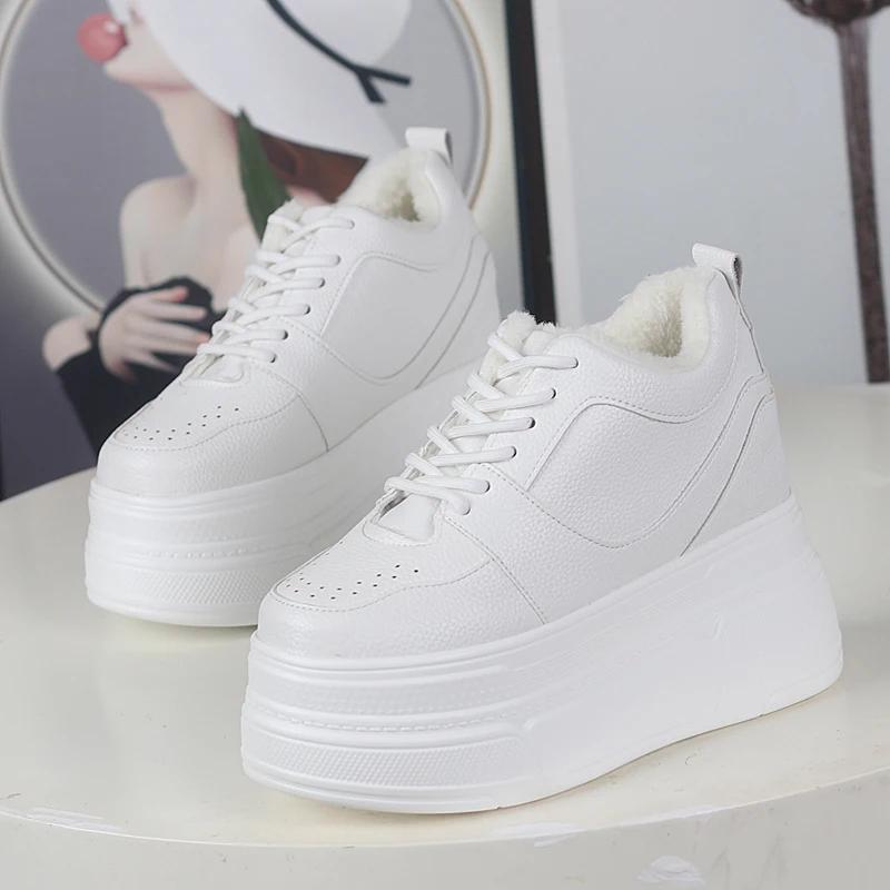 Мода 12 см Коровья Натуральная Кожа Туфли на Платформе и Танкетке Осенние Лодочки Женские Ботильоны Весенние Массивные Кроссовки Кроссовки с Высоким Верхом Летние