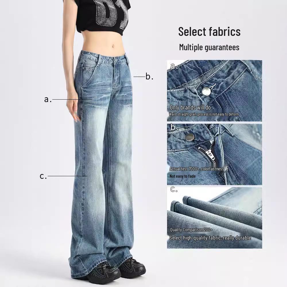 Женские джинсы клеш с низкой посадкой в стиле ретро - Коллекция Весна/Осень 2025, Универсальный свободный крой, Прямые штанины, Длина в пол.