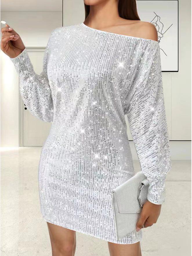 2024 Spring/Summer Women's One-Shoulder Sequin Midi Dress with Long Sleeves