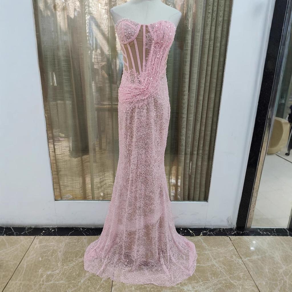 European and American hip-wrapped slim-fitting fishtail tube top sexy long sequined banquet evening dress bridesmaid dress
