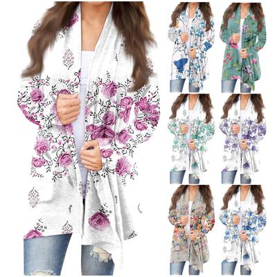 Женская модная повседневная куртка-кардиган средней длины с цветочным принтом, пальто