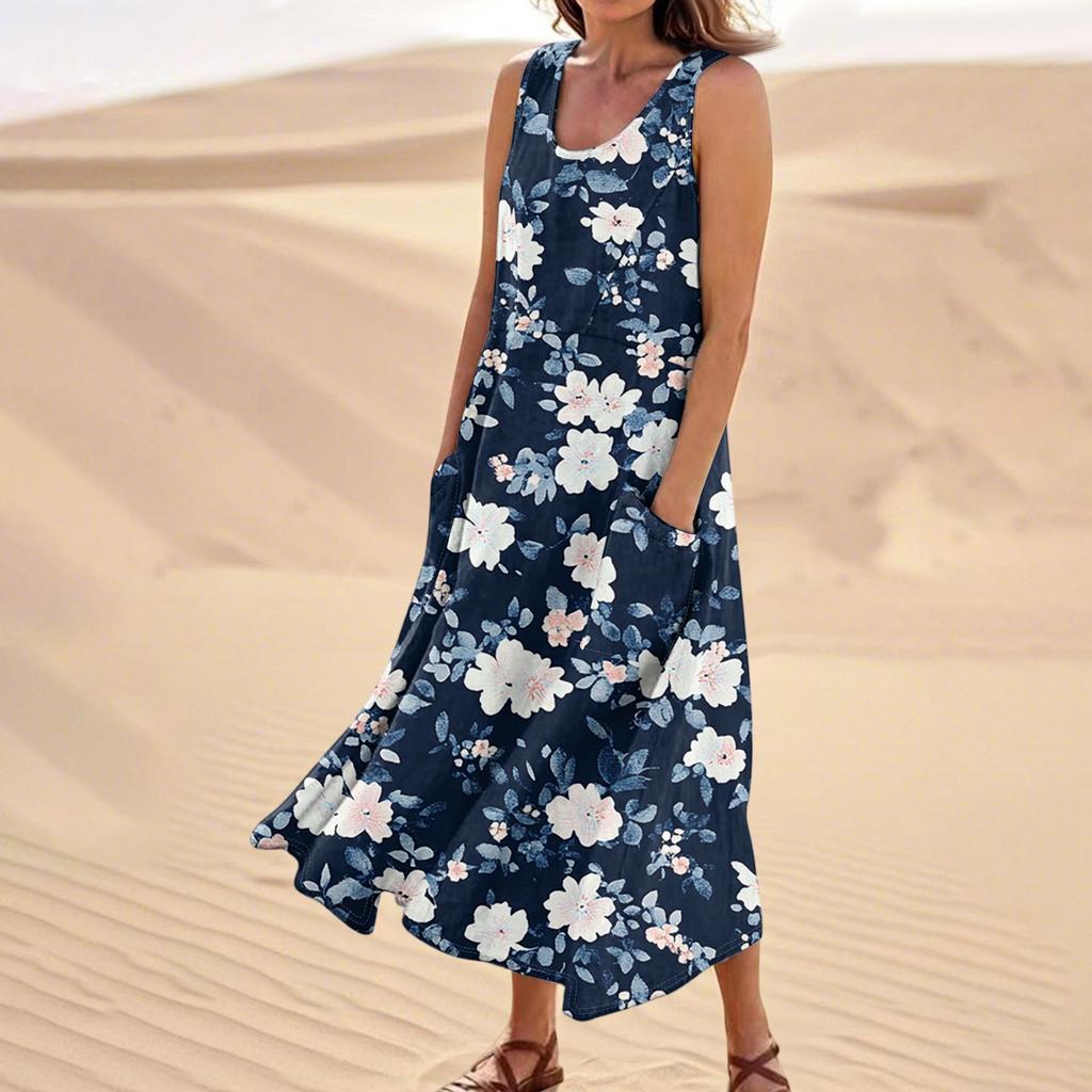 Женское летнее повседневное модное платье без рукавов с цветочным принтом и карманом