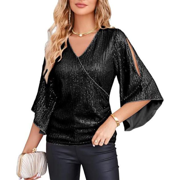Women's Spring and Autumn Fashion Sequin Hipped Trumpet Sleeve V-neck Slim Party Pullover Top