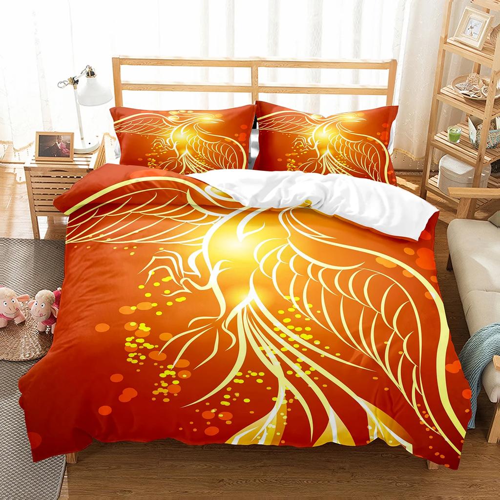 Phoenix Duvet Cover Set King Queen Size for Kids Boy Girls Bedding Set Yellow Animals Pattern Polyester Quilt Cover with Zipper