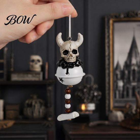 Halloween Holiday Decor Jingle Bell Ornament, Gothic Bull Skull/Angel Wings Hanging Realistic Decoration for Tree, Party Home