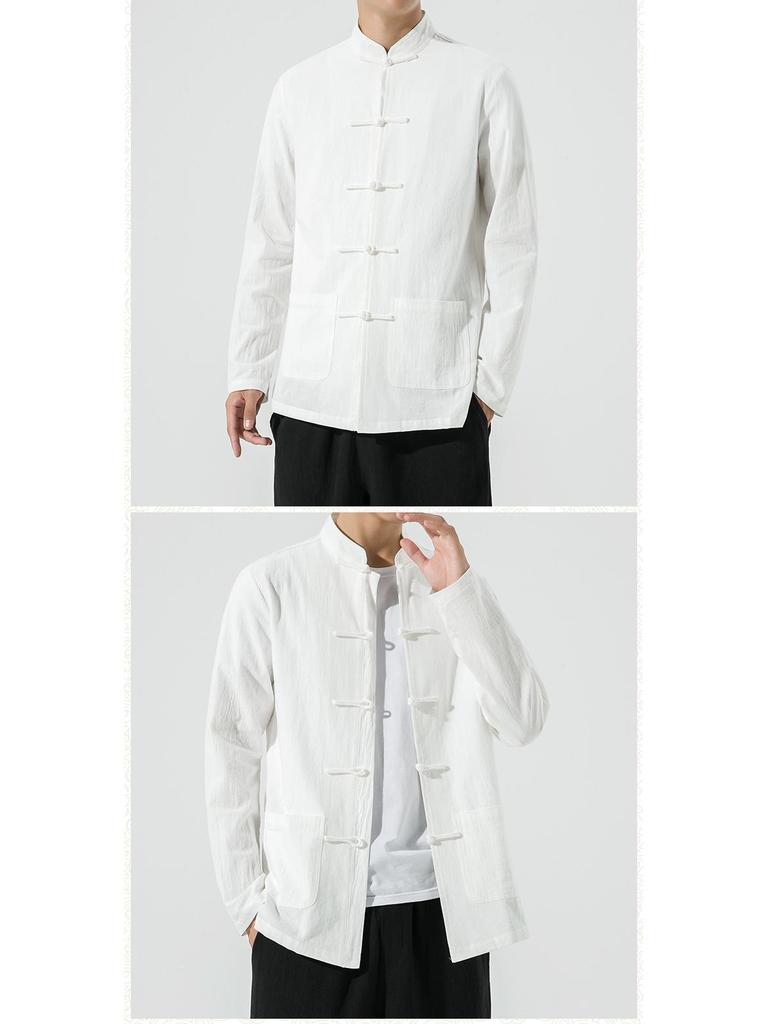 Мужская китайская ретро рубашка Тан с длинным рукавом - Однотонная, свободного стиля костюма для чаепития